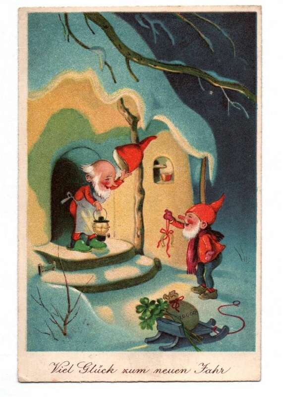 Viel Glück im neuen Jahr Ansichtskarte Zwerge Wichtel 1938