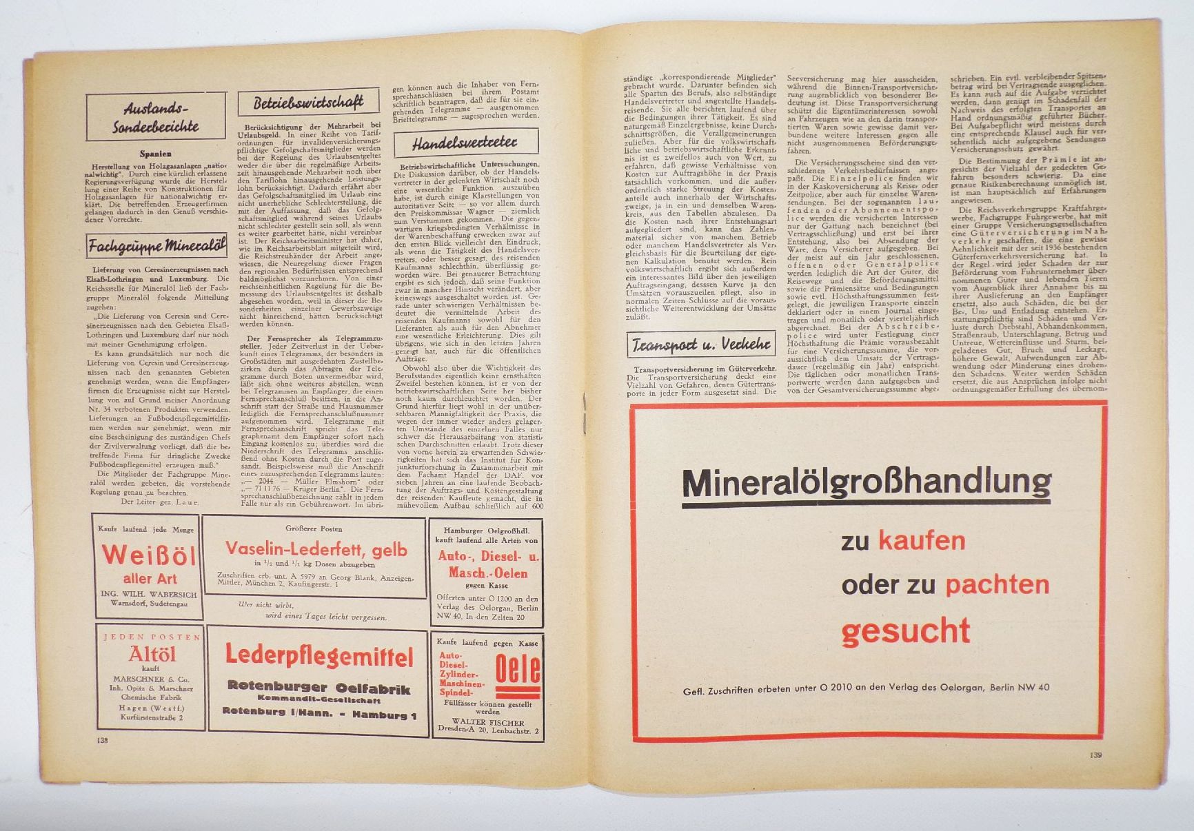 Oel Organ Zeitschrift Schmierstoff Großhandel Mineralöl 1941 Nr 12
