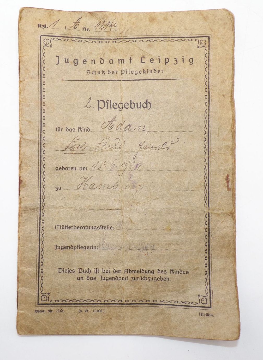 Pflegebuch Jugendamt Leipzig Schutz der Pflegekinder 1928 
