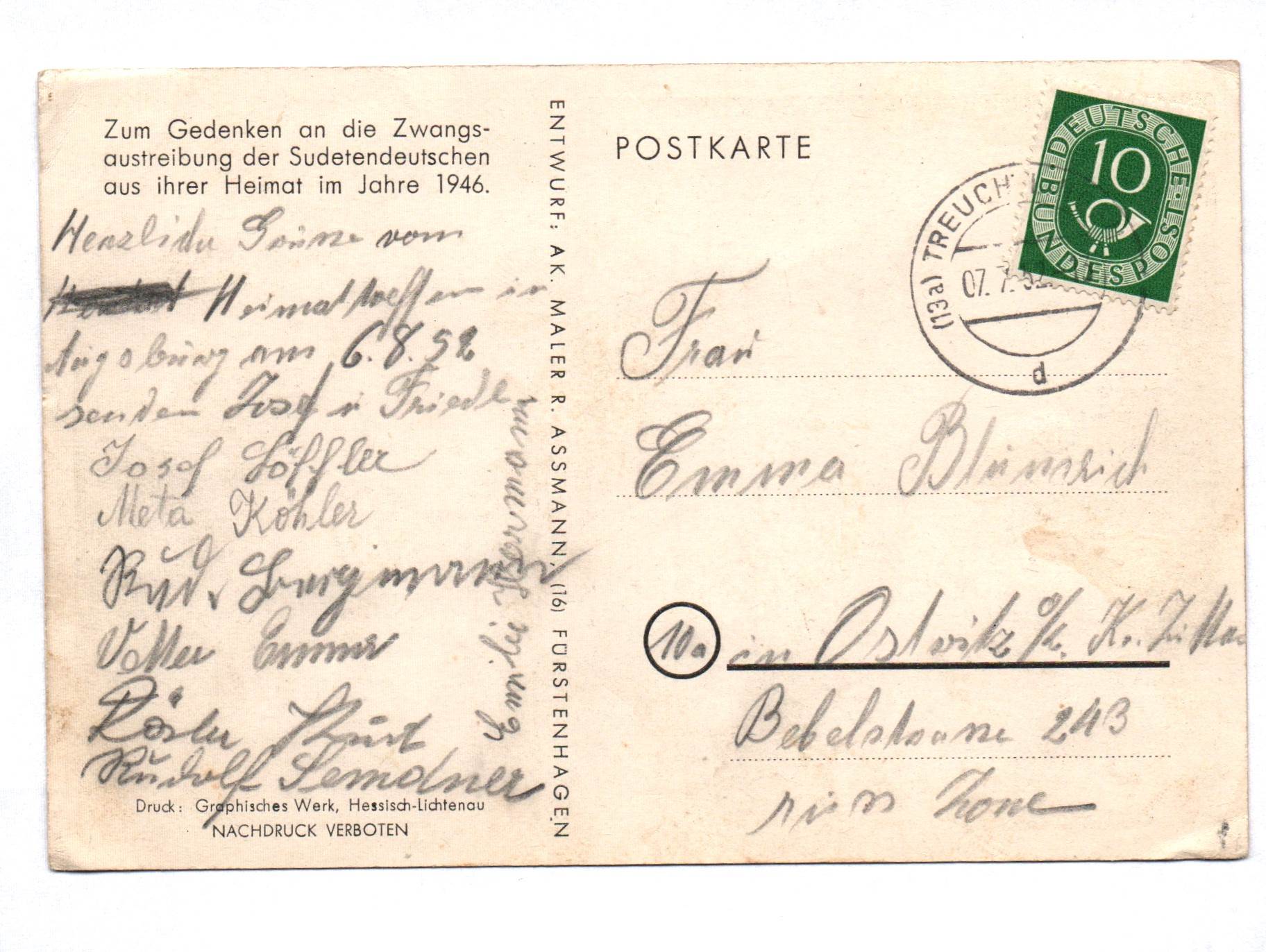 Ak Zum Gedenken an die Zwangsaustreibung der Sudetendeutschen 1946 Postkarte 1952