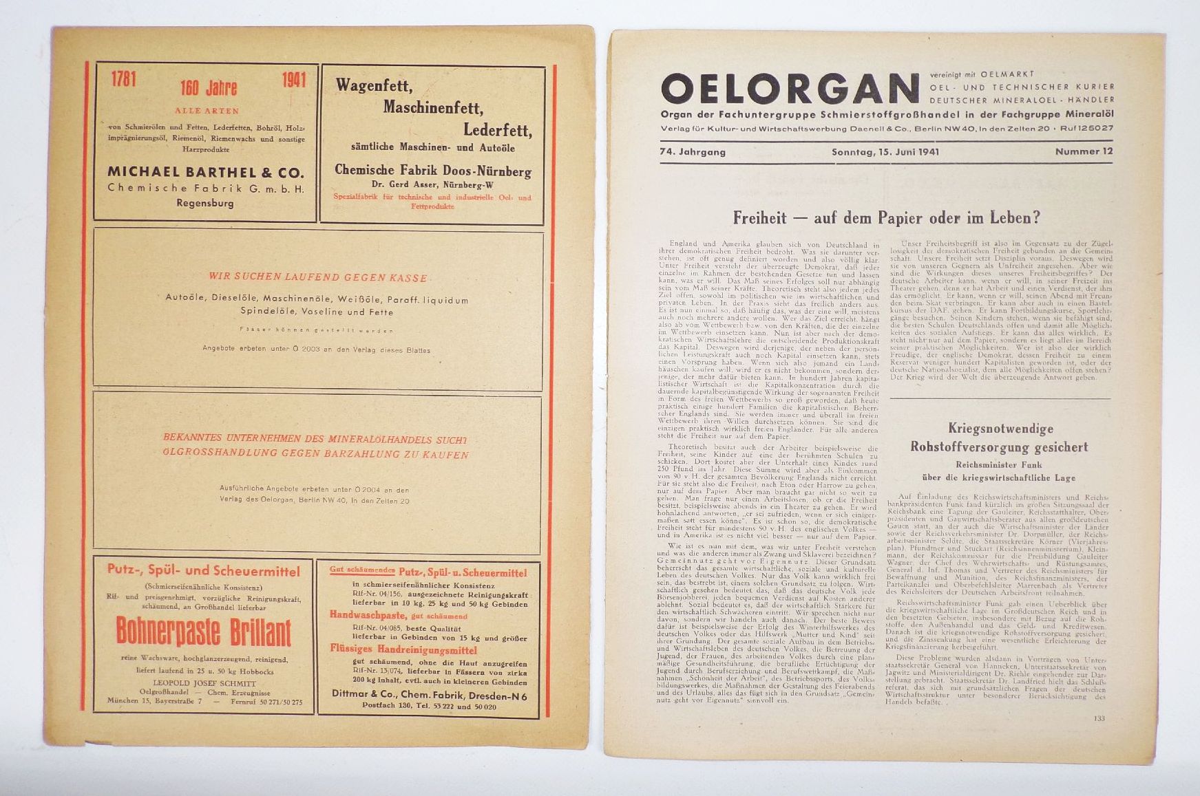 Oel Organ Zeitschrift Schmierstoff Großhandel Mineralöl 1941 Nr 12