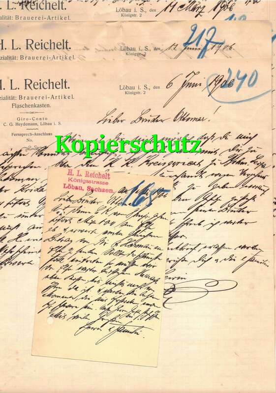 Konvolut 19  St. Briefkopf Reichelt Brauerei Artikel Löbau 1906 !