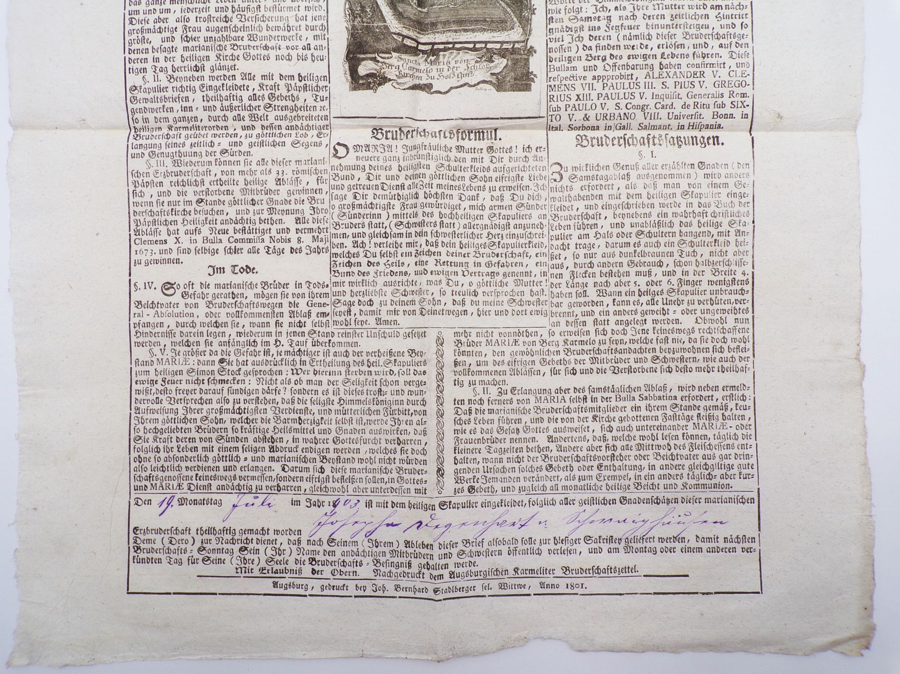 Eintritt Urkunde Marianische Erz Bruderschaft 1801 1903 Holzgünz 