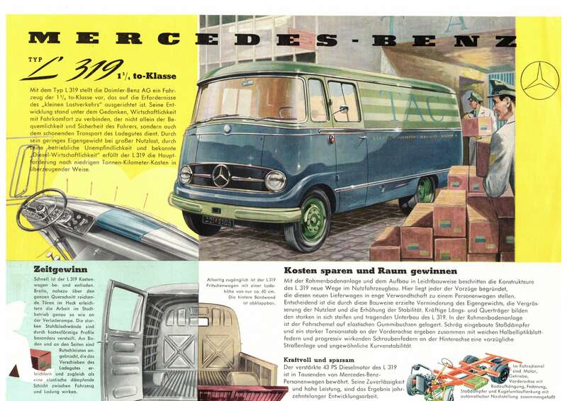 Werbeblatt Mercedes Benz L319 1 3/4 to Klasse 1950er 1960er Print 