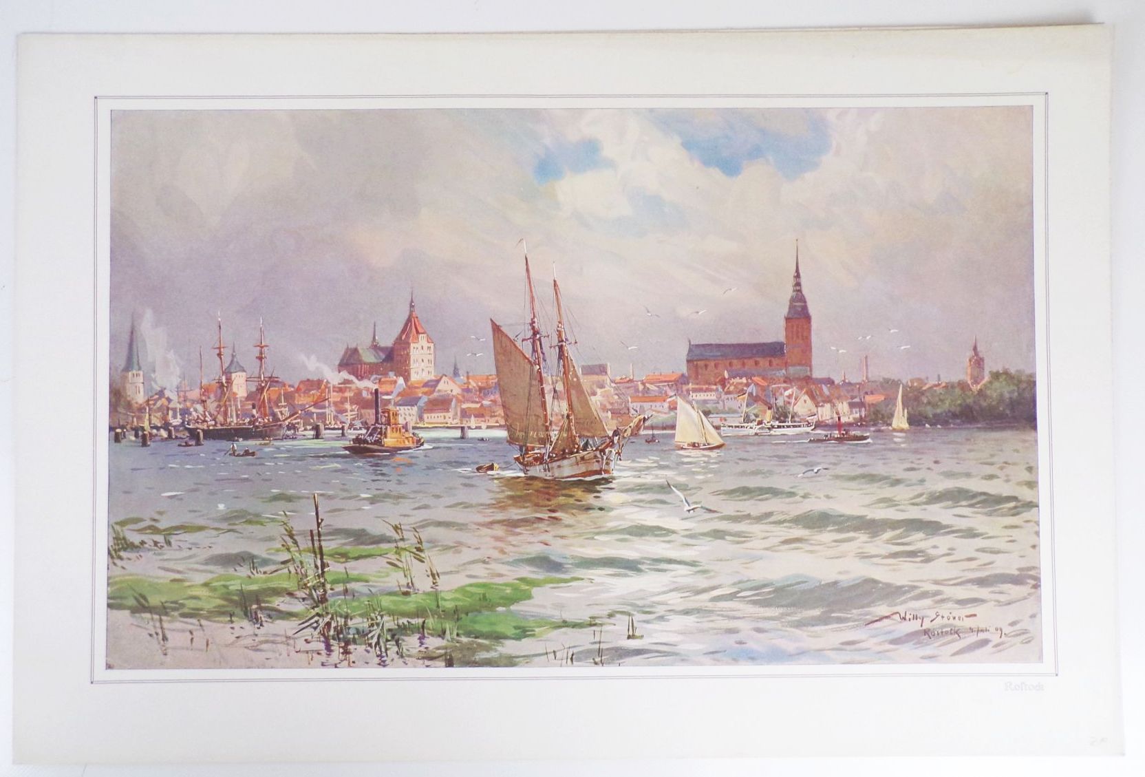 Alter Druck Willy Stöwer Rostock Hafen Farbendruck