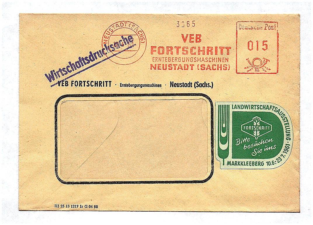 Wirtzschaftsdrucksache VEB Fortschritt Erntebergungsmaschinen Neustadt DDR 1961