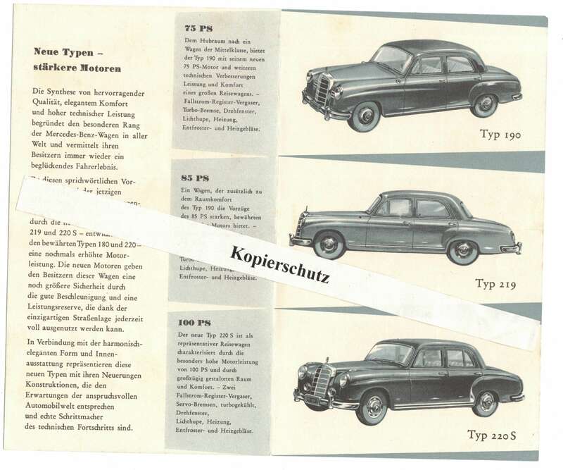 Faltblatt Mercedes Benz 190 219  220 S 1950er Reklame Werbung Oldtimer