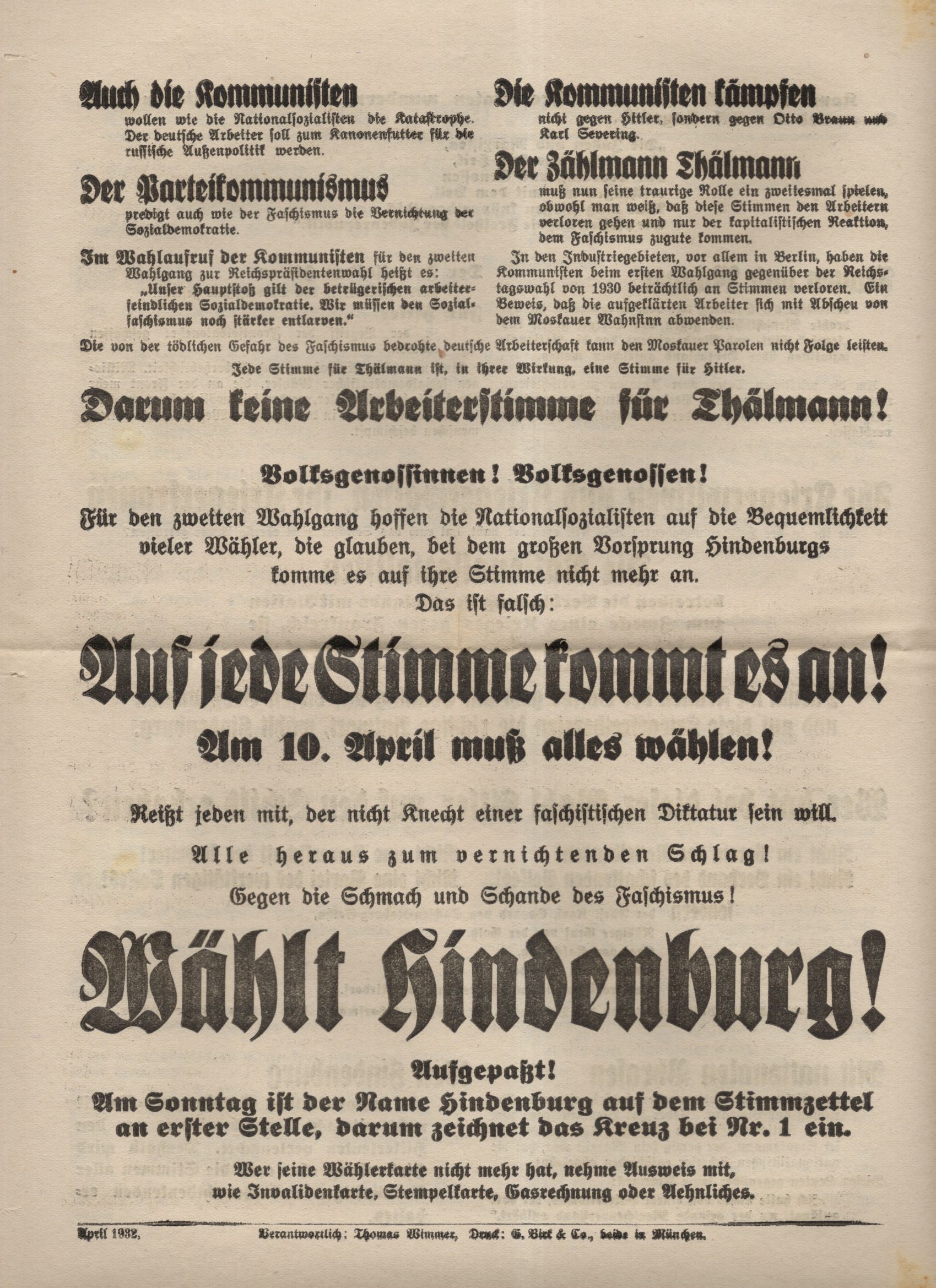 Prospekt Wahl 10 April 1932 Hindenburg Reichspräsidentenwahl Zeitzeugnis Prospekt Wahl 10 April 1932 Hindenburg Reichspräsidentenwahl Zeitzeugnis