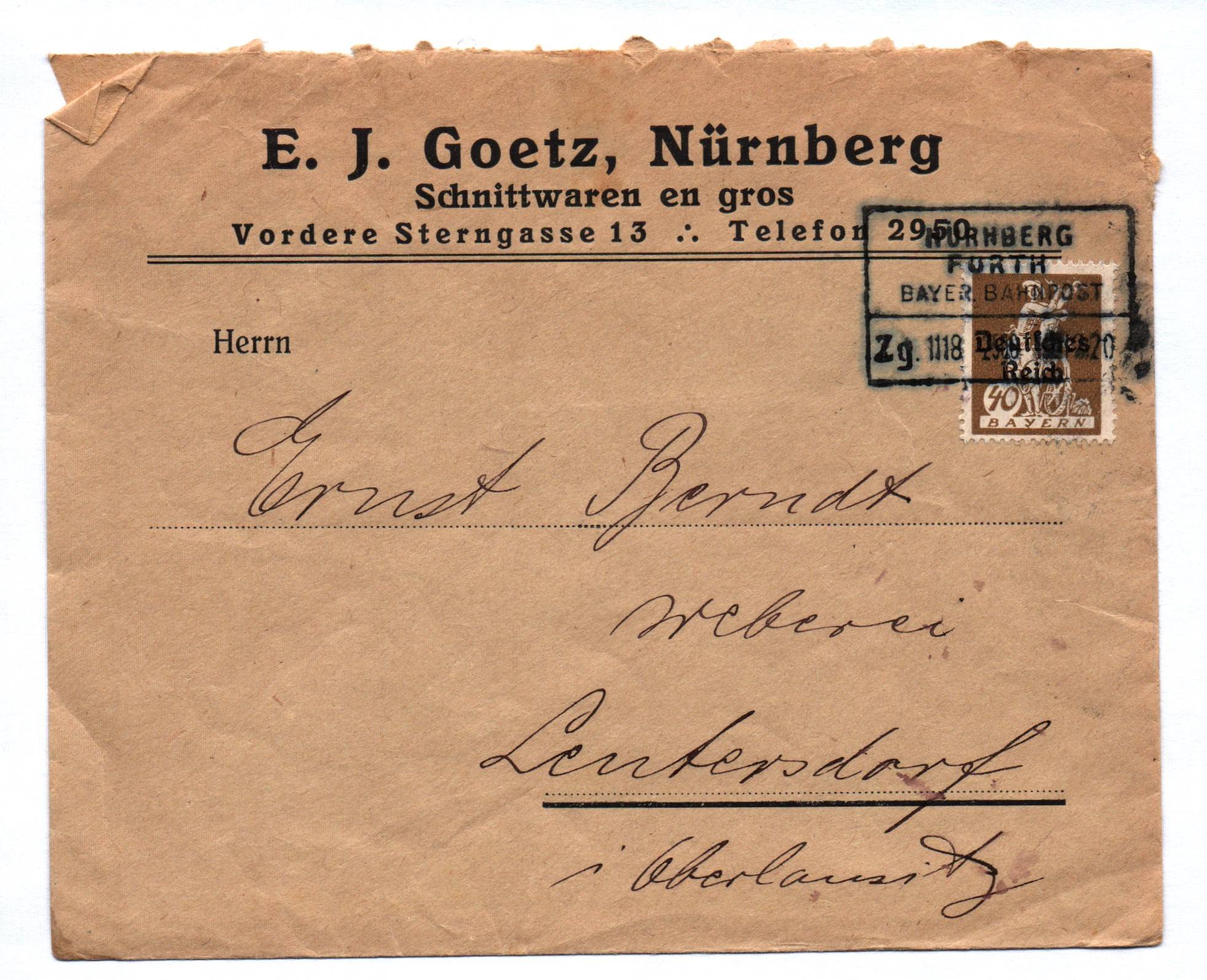 Brief Goetz Nürnberg Schnittwaren 1920