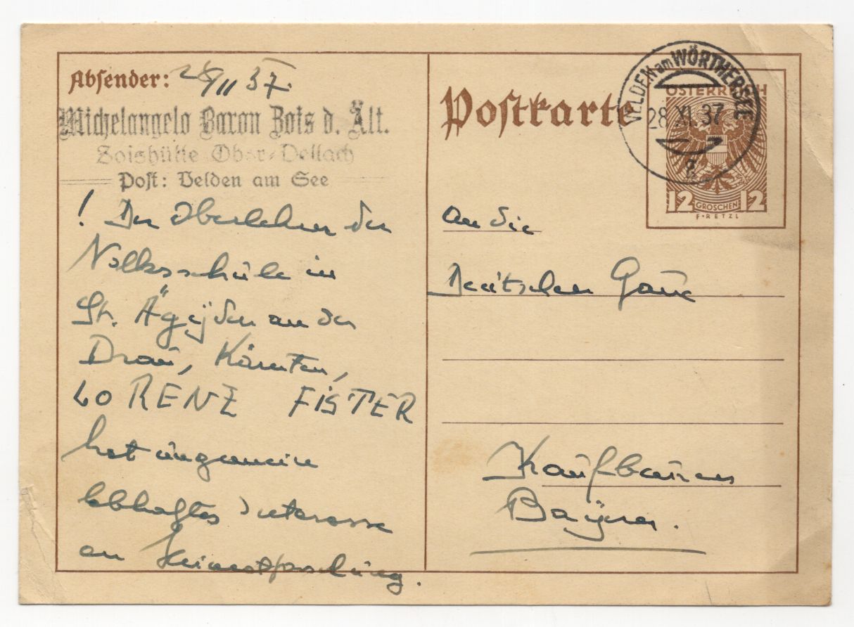 Autograph Baron Michelangelo von Zois der Ältere Zoishütte Ober Dellach 1937