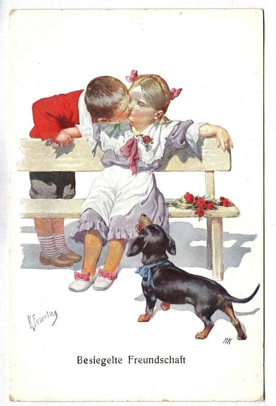 Künstlerkarte Motivkarte Kinder küssen sich Hund Dackel Besiegelte Freundschaft