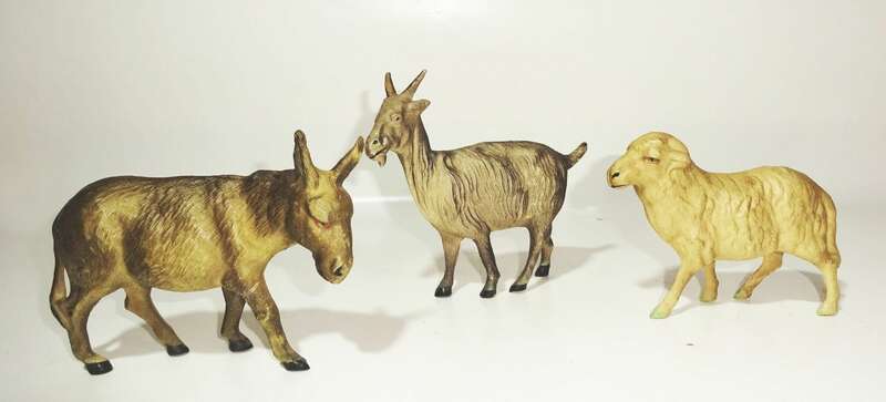 Alte Krippenfiguren 3 Stück Zelluloid Tiere Krippentiere Esel Ziege Schaf 