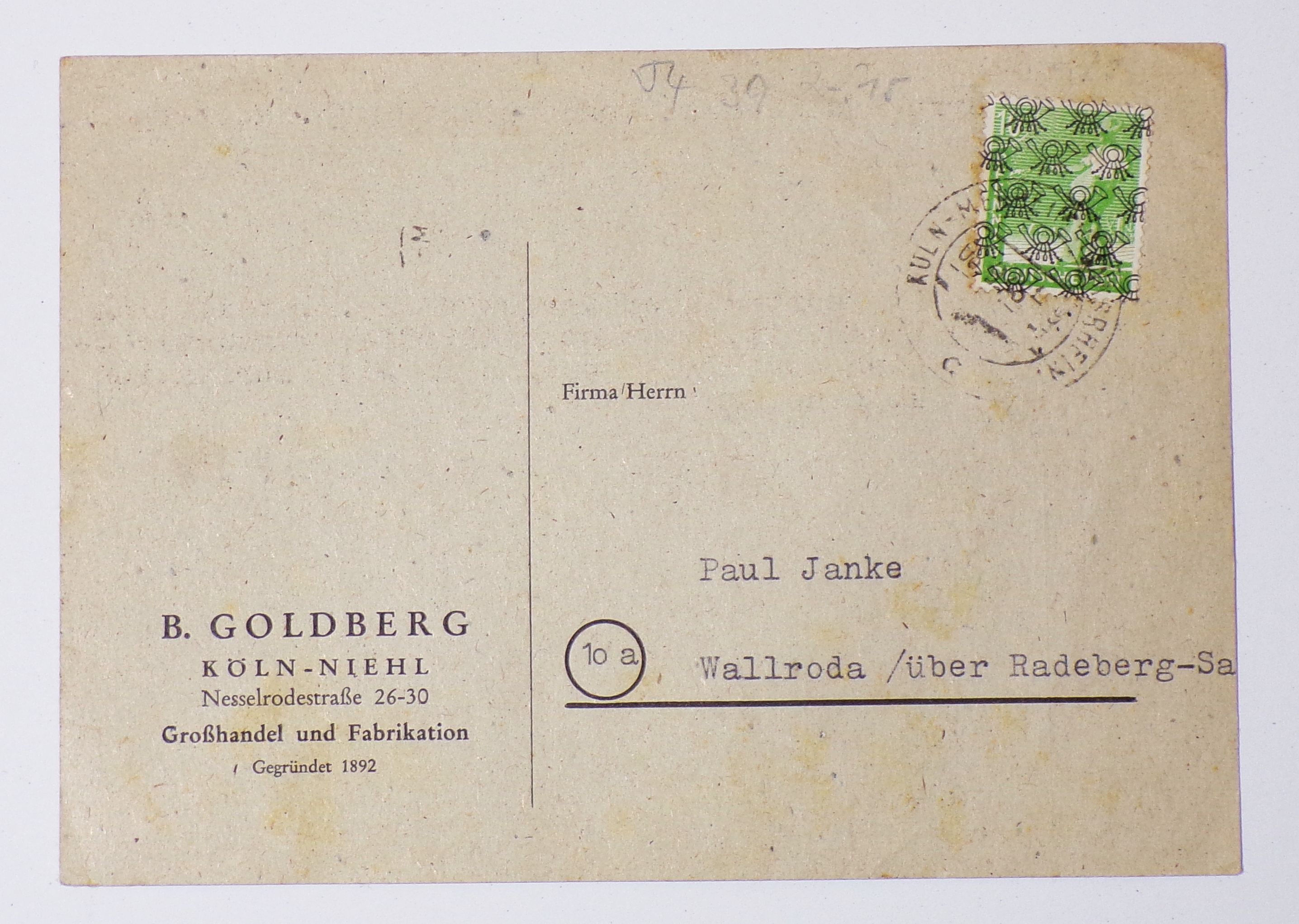 Postkarte Goldberg Köln Niehl 1948 nach Wallroda Radeberg Posthorn