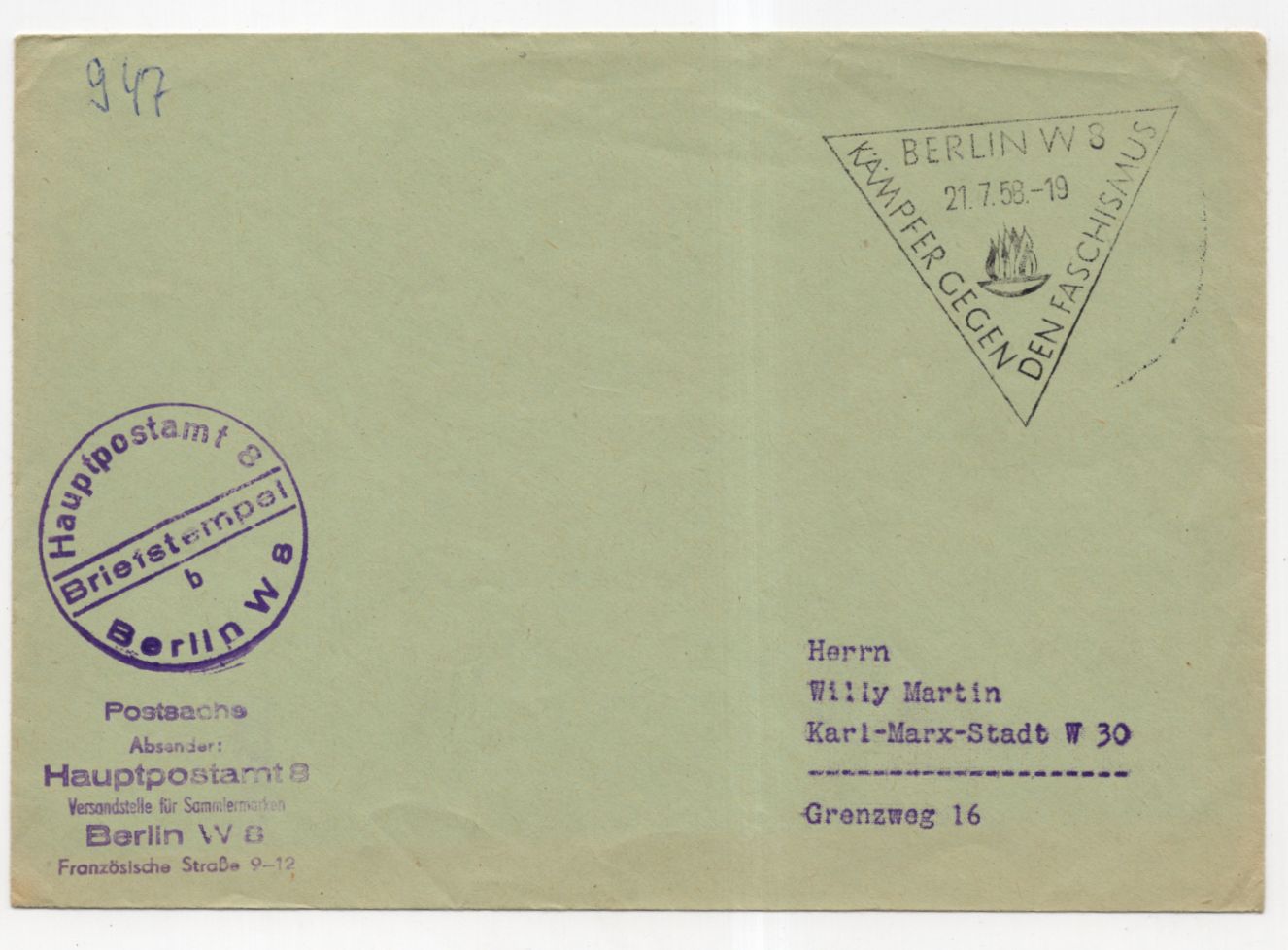 Brief Hauptpostamt Berlin W8 Dreiecksstempel KÄMPFER GEGEN DEN FASCHISMUS 1958