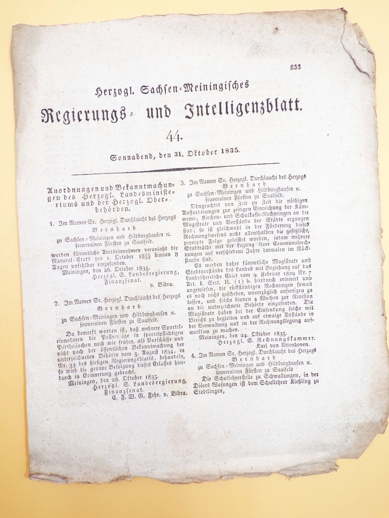 Zeitung Antik Herzoglich Sachsen Meiningisches Regierungs und Intelligenzblatt 1835