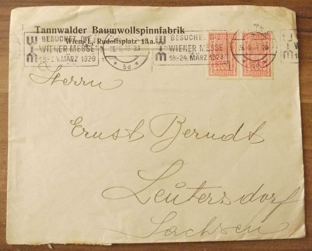 Firmenbrief Tannwalder Baumwollspinnfabrik Österreich Wien Brief 1923