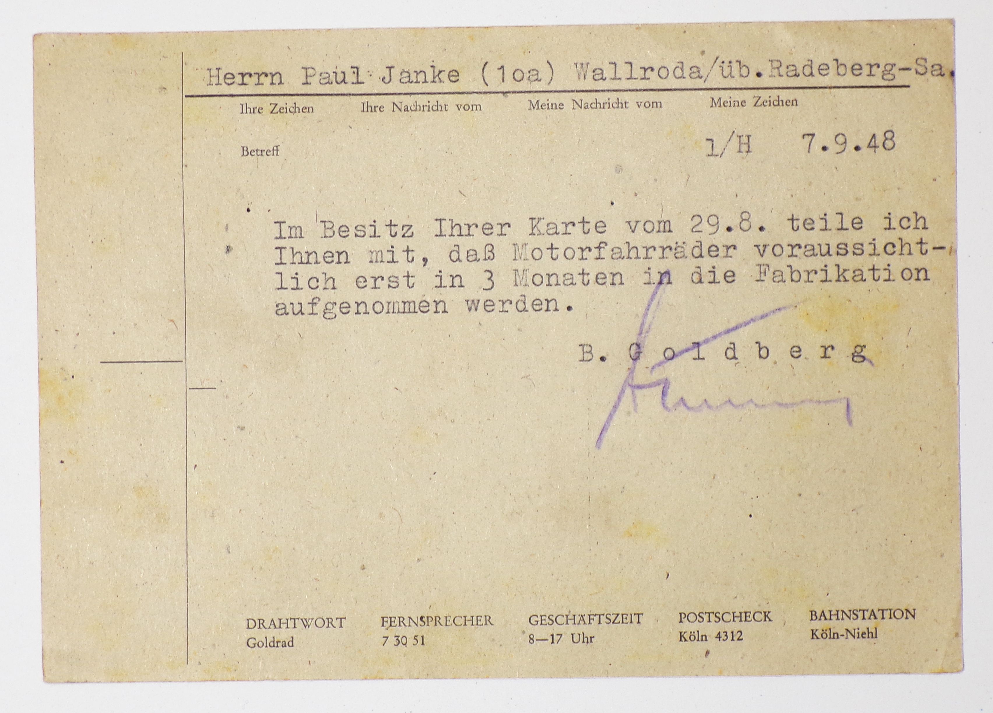 Postkarte Goldberg Köln Niehl 1948 nach Wallroda Radeberg Posthorn