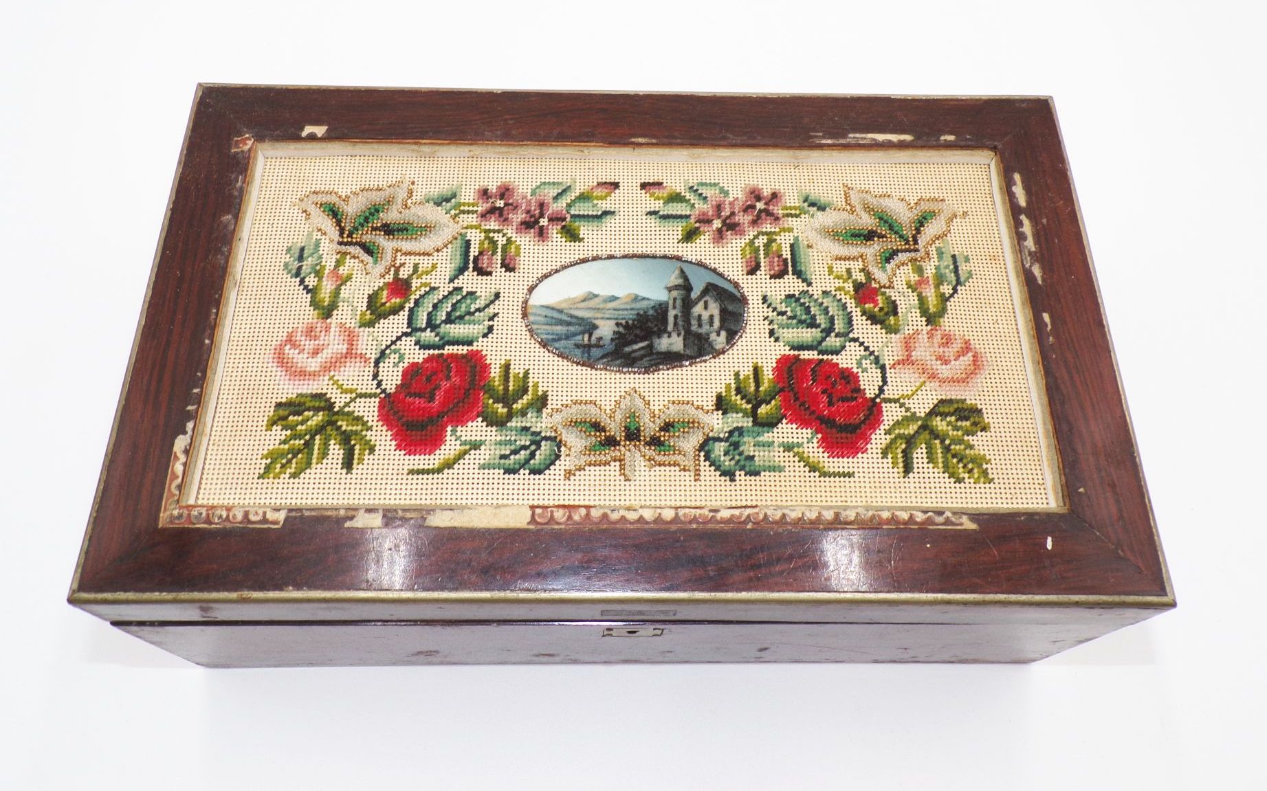 Alte Schatulle Holz Häkel Motiv Vintage Box Antik Truhe Deko