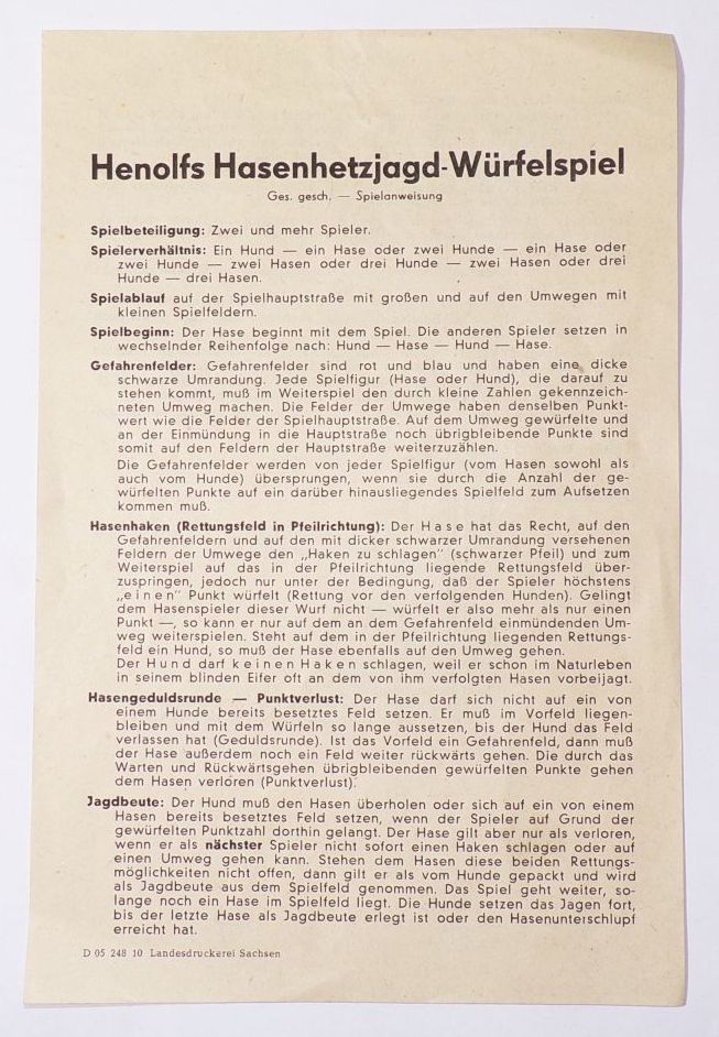 Henolfs Hasenhetzjagd Würfelspiel 1940er 1950er Brettspiel
