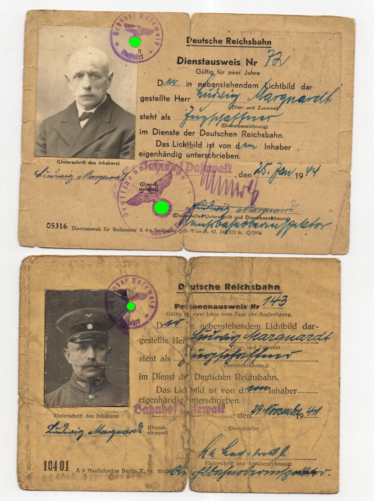 2 x Dienstausweis Deutsche Reichsbahn Bahnhof Pasewalk 1941 1944 