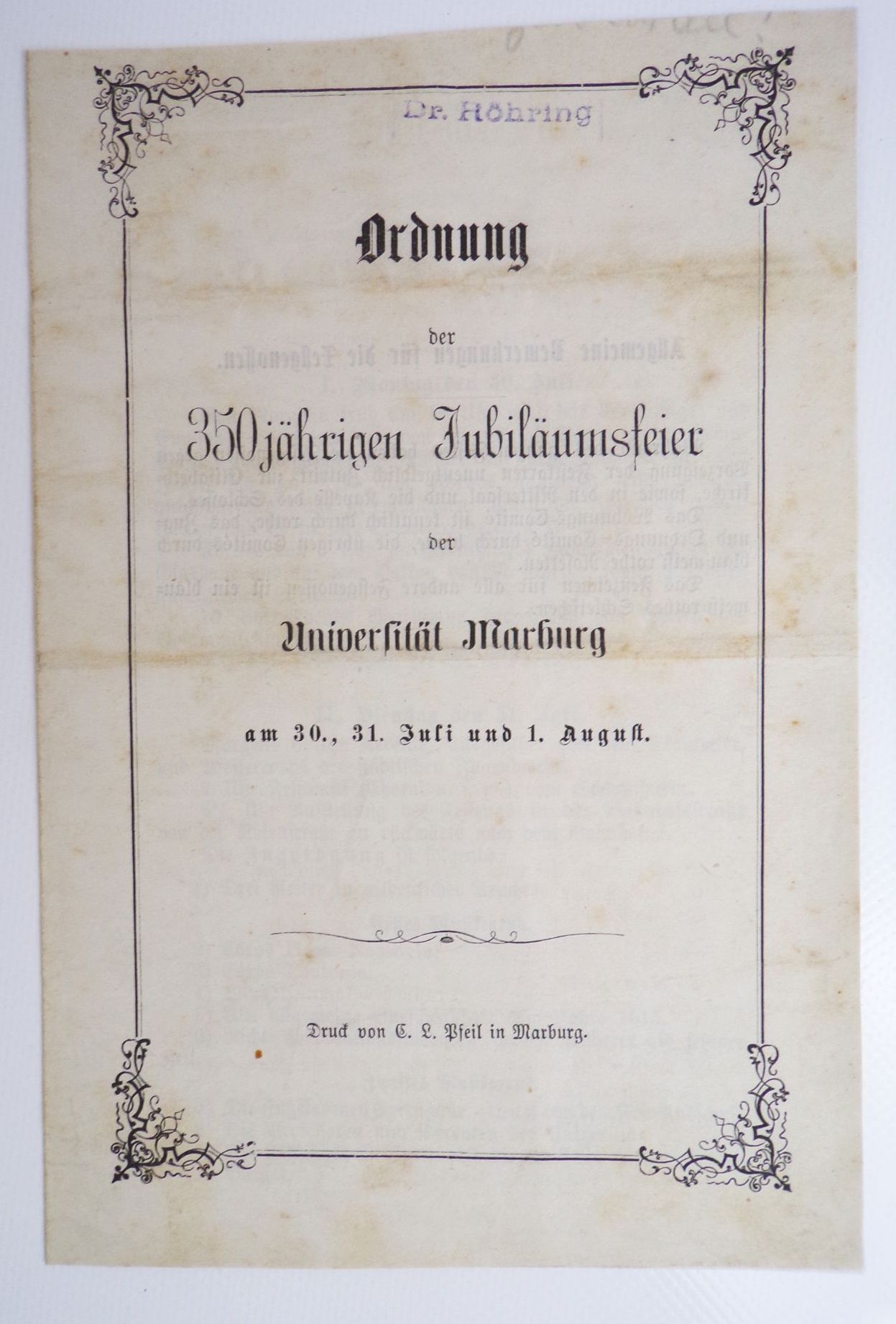 Studentika Nachlass Marburg ab 1877 Festkarte Commers Studentika Nachlass Marburg ab 1877 Festkarte Commers
