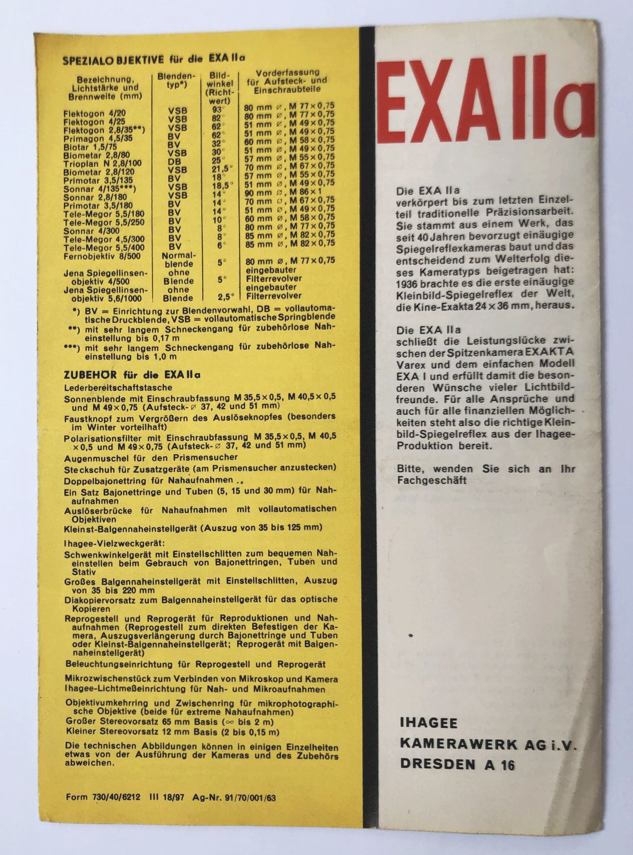 Prospekt EXA lla 24 x 36 mm Kamera Fotoapparat DDR 1963