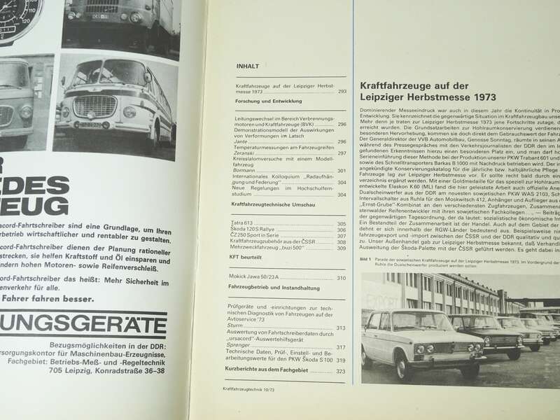 KFT Kraftfahrzeugtechnik Zeitschrift 10  1973 Jawa 50 M23 Mustang Tatra Skoda 
