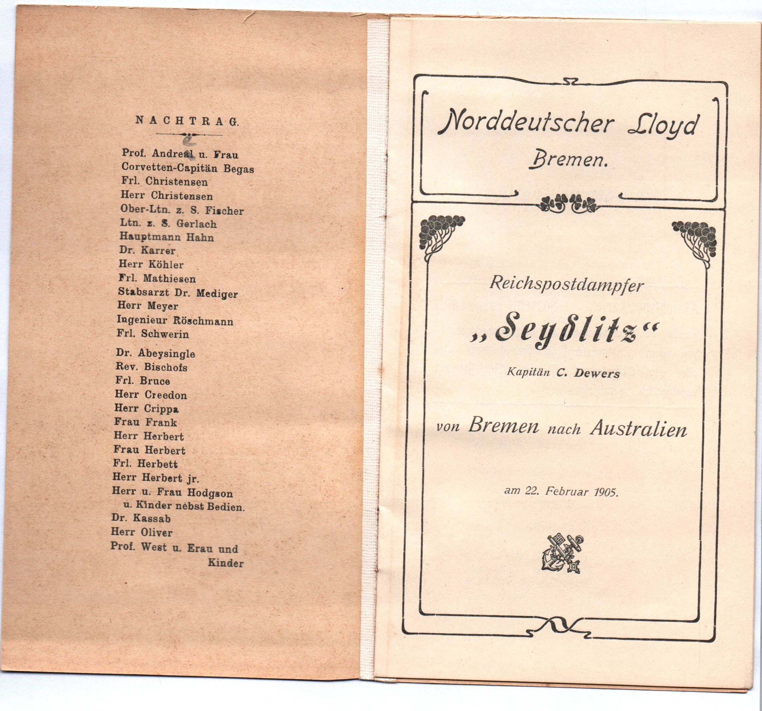 Norddeutscher Lloyd Bremen Reichspostdampfer Seydlitz 1905 Australien Norddeutscher Lloyd Bremen Reichspostdampfer Seydlitz 1905 Australien