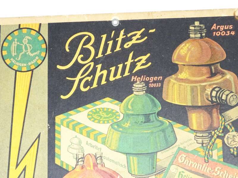 Pappschild Blitzschutz Heliogen Isolator Argus Druck 1930er Deko Sammler