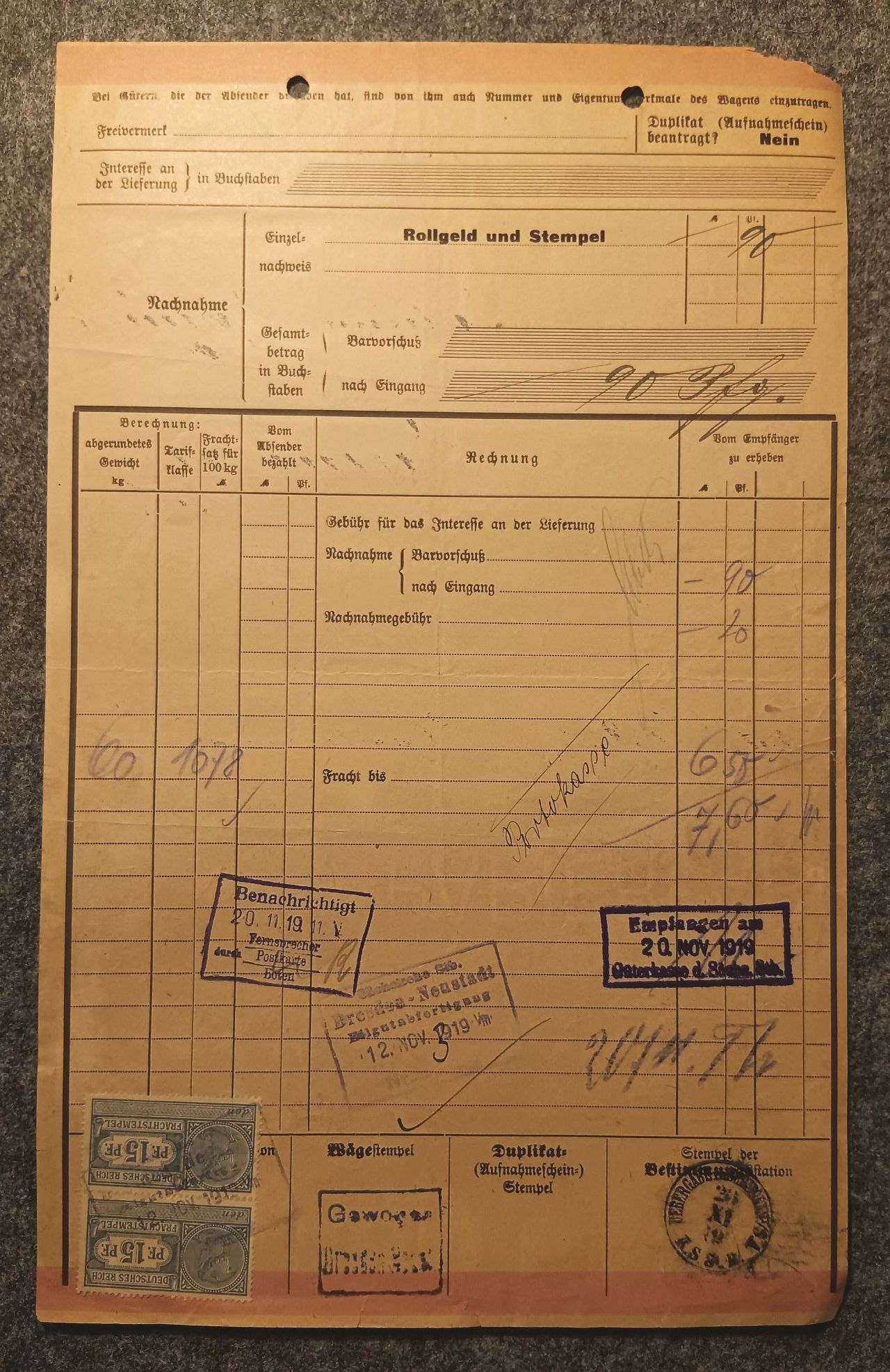 Eilfrachtbrief 1919 Dresden nach Schmölln mit Marken Sächsische Staatseisenbahn