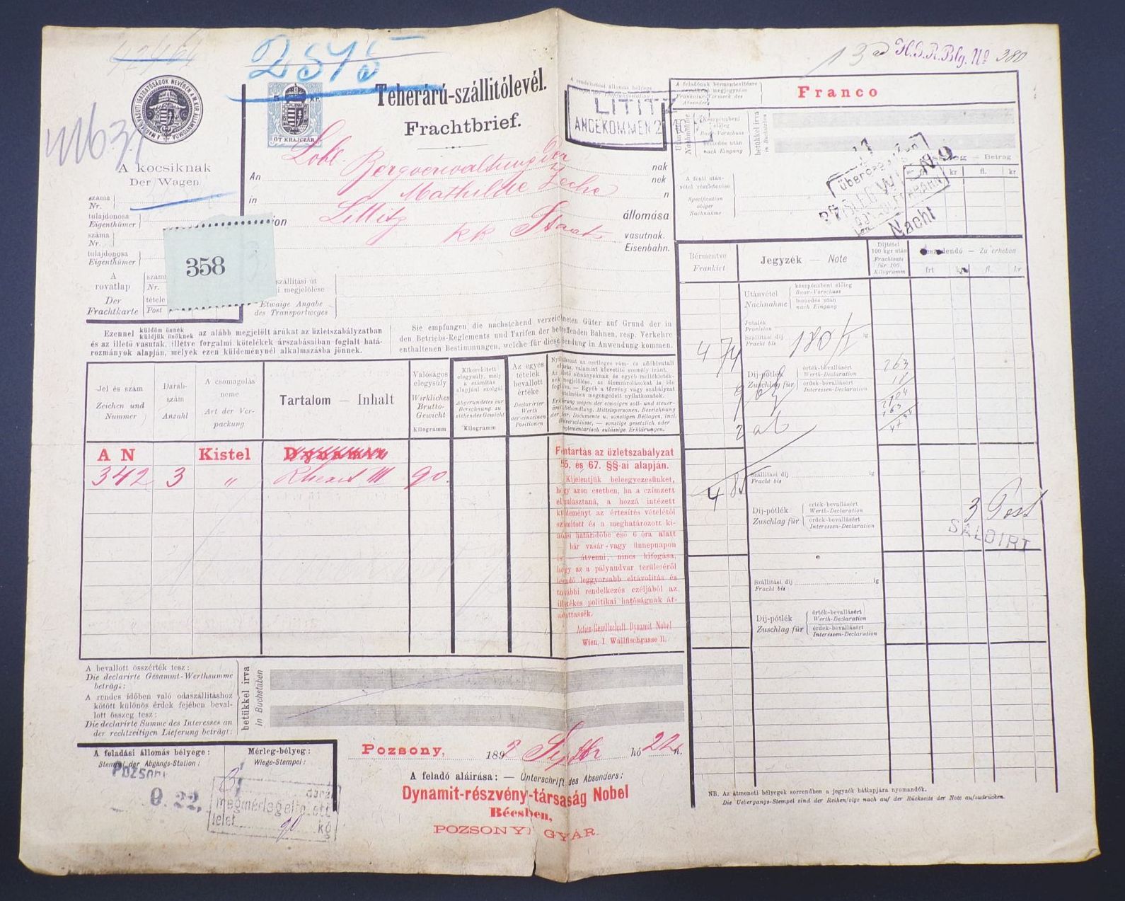 Eilfrachtbrief Bergverwaltung Mathilde Zeche Bergbau Littitz nach Pozsony 1892