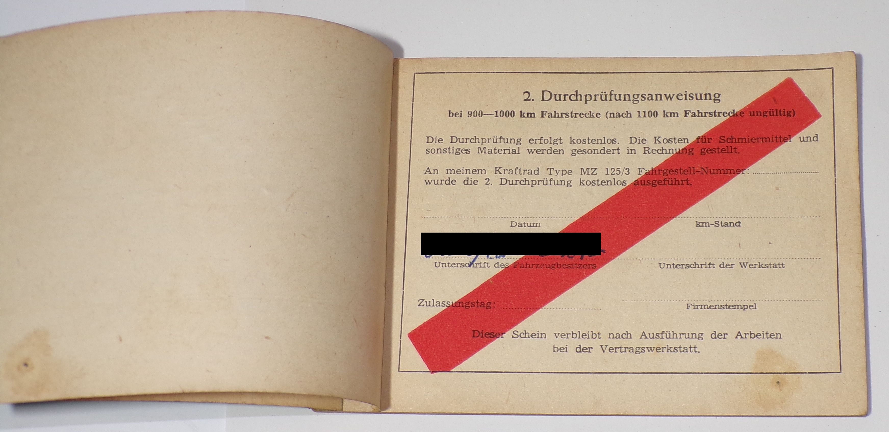 MZ Kundendienst Garantie Durchprüfungsheft Kraftrad MZ 125/3