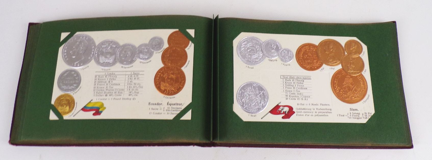 Geldsorten aller Länder Postkartenalbum Geld Münz Ansichtskarten um 1910 Rarität 45 Präge Ansichtskarten