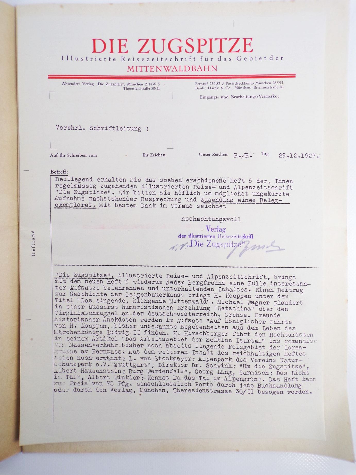 Die Zugspitze Reise Zeitschrift für das Gebiet der Mittenwaldbahn 1928