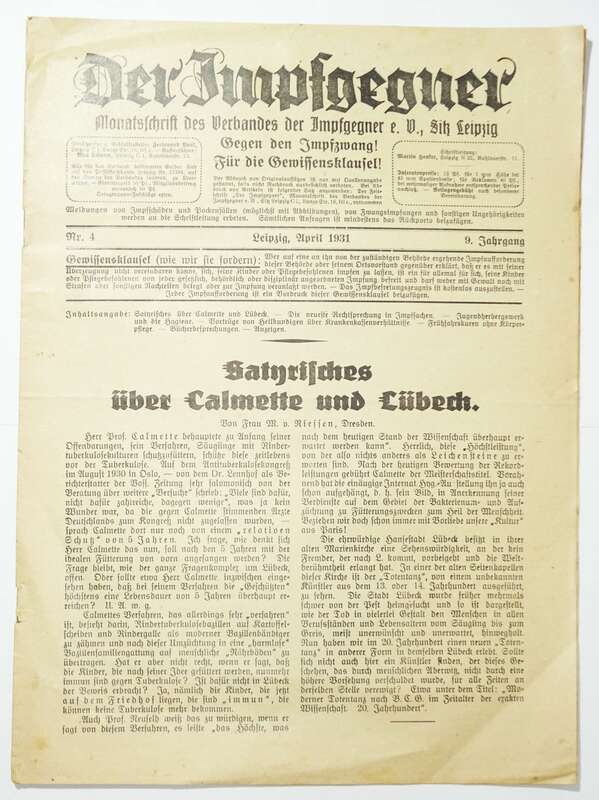 Der Impfgegner Nr 4 1931 Leipzig gegen Impfzwang Zeitdokument