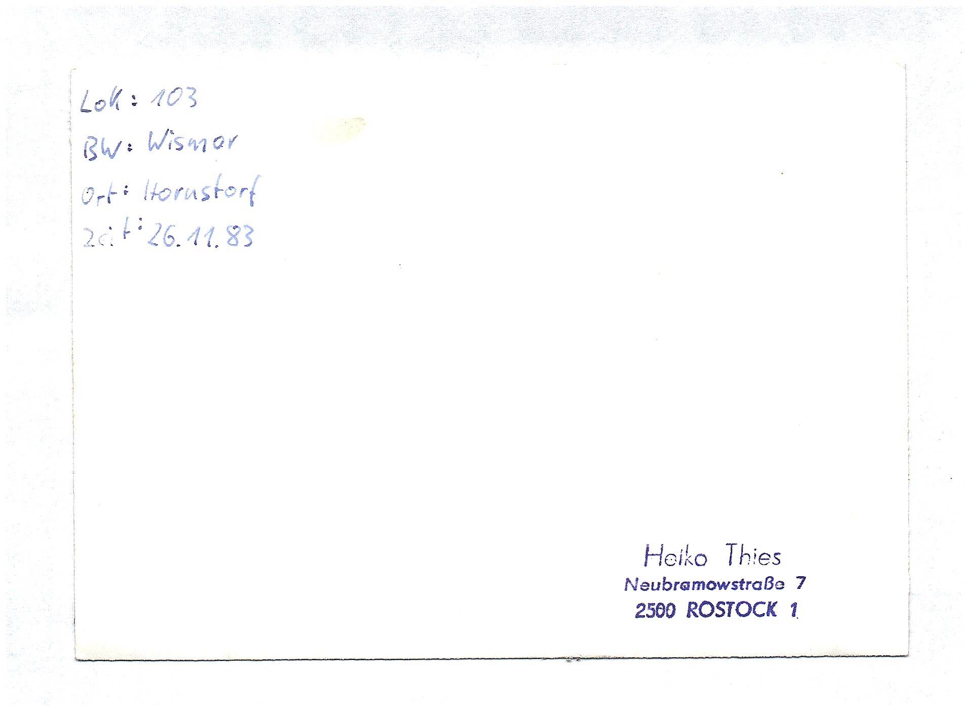 Foto Eisenbahn Lok 103 BW Wismar Hornsdorf 26 November 1983