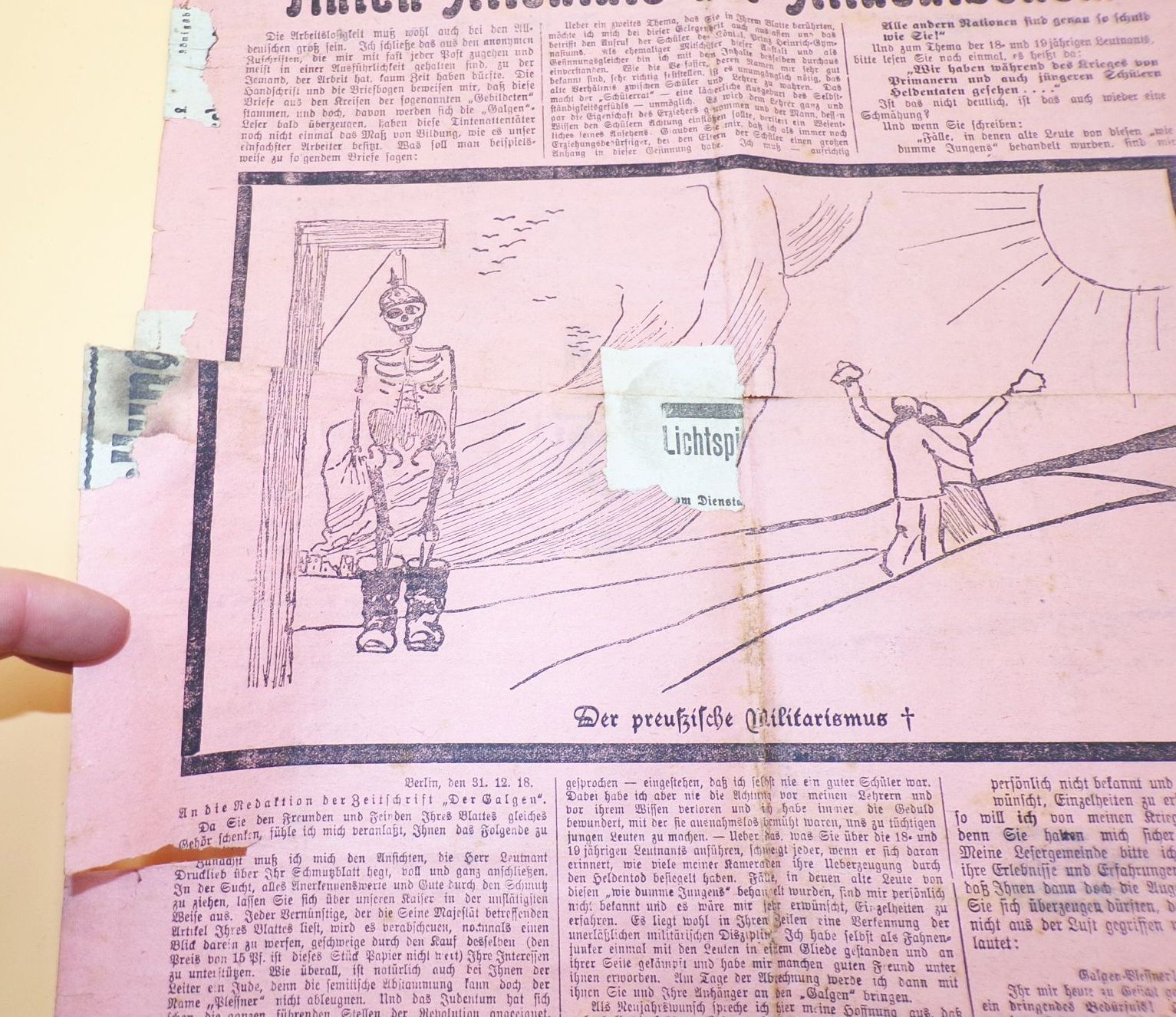 Zeitung Der Galgen deutsche Sozialaristokratie Ortsgruppe Berlin Nr 1 von 1919