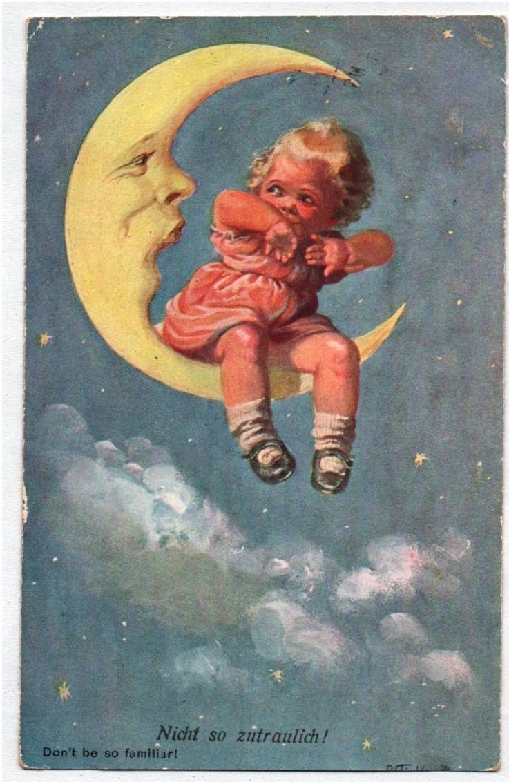 Künstler Ak kleines Mädchen sitzt auf Mond 1926 