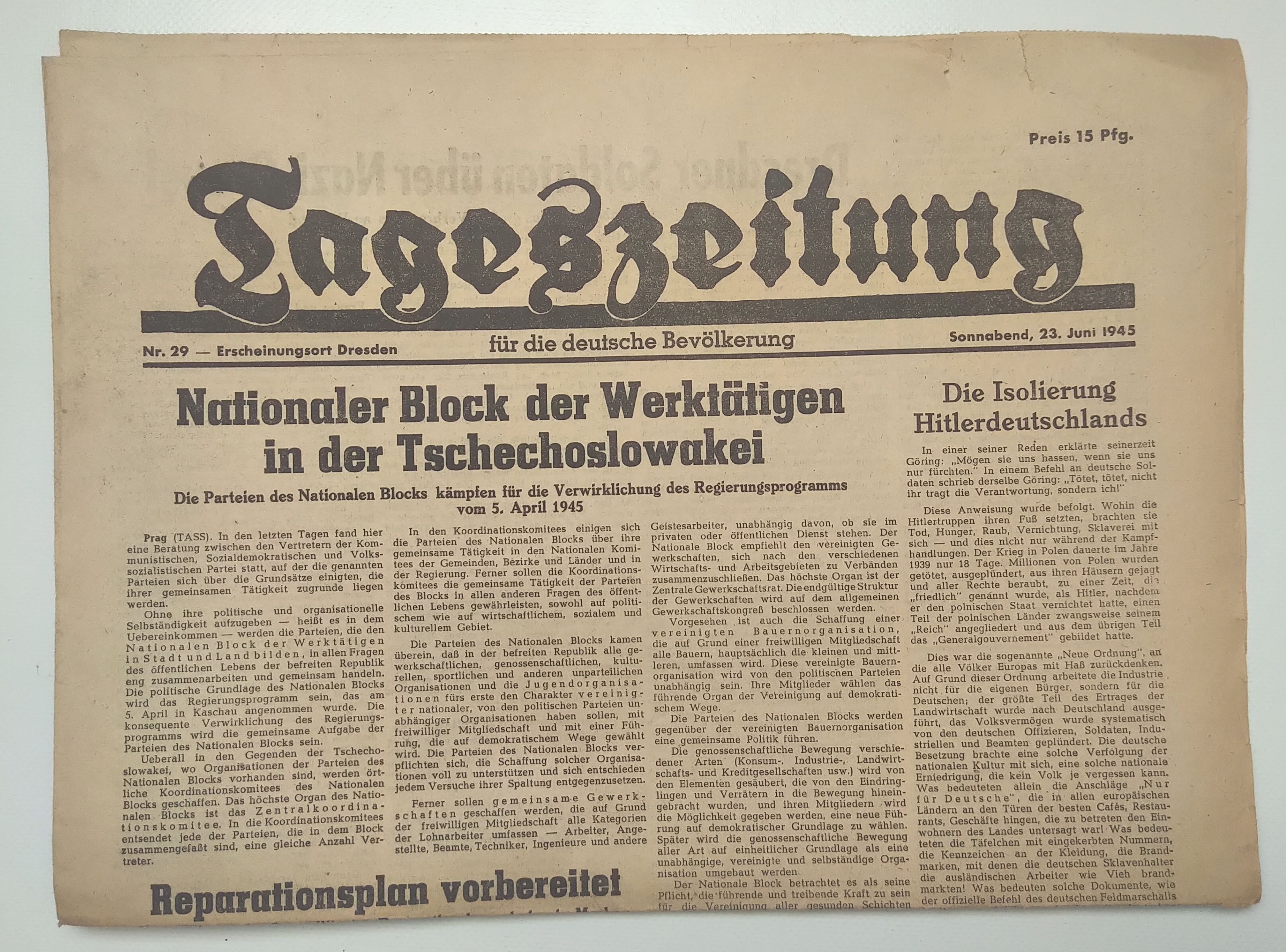 Tageszeitung Nationaler Block Tschechoslowakei 1945 Nr 29