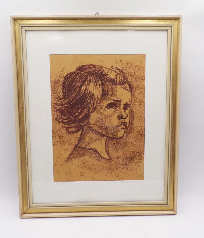 Altes Kinderportrait Susi von Herta Rehm Bilderrahmen DDR Kohlezeichnung