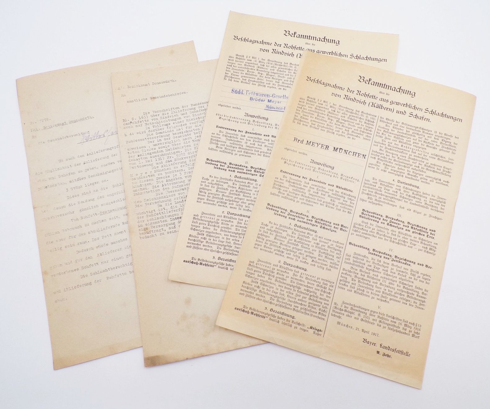 Dokumente Rationierung Fette 1917 Donauwörth Landesfettstelle Rohfette