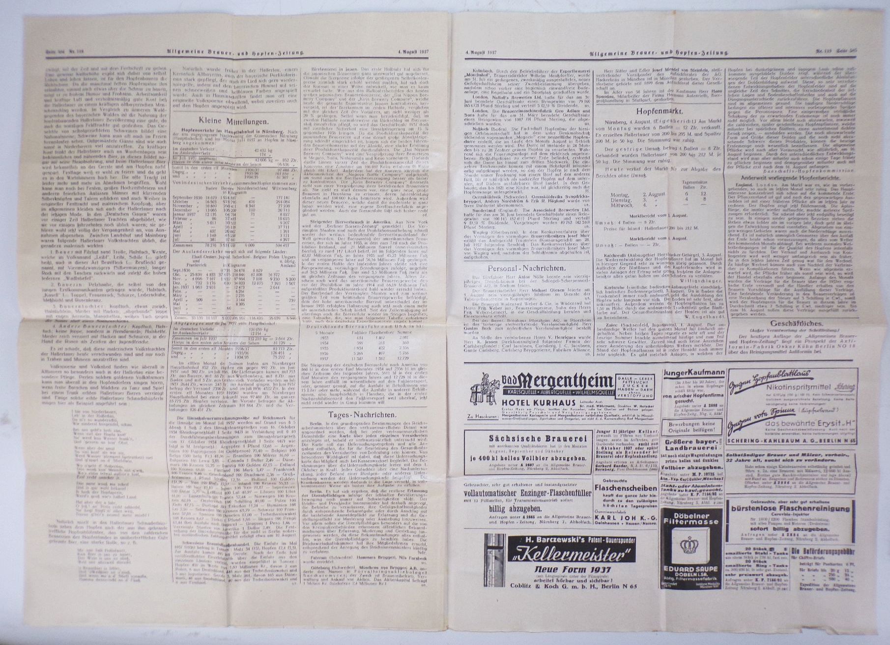Allgemeine Brauer und Hopfen Zeitung Nr 119 von 1937 Nürnberg 