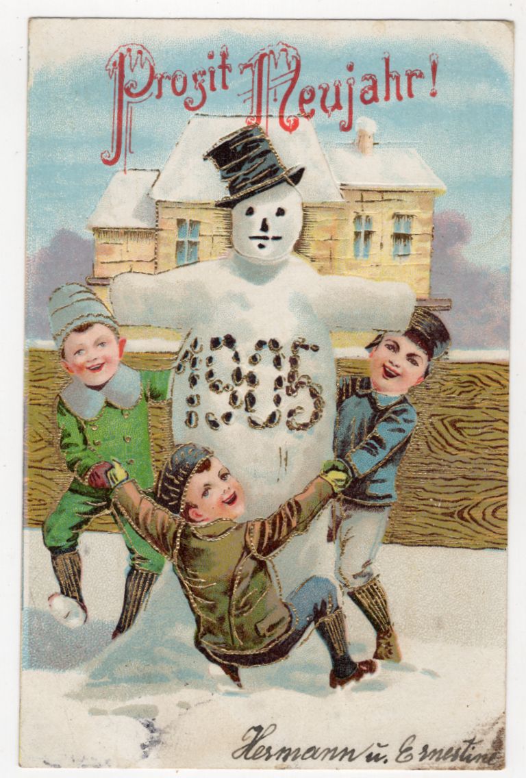 Ak Buben mit Schneemann 1905 Prost Neujahr gold geprägt 