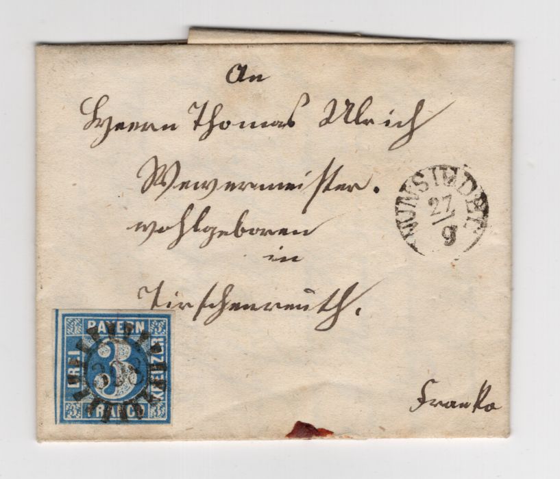 Bayern Brief 3 Kreuzer 1855 Mühlradstempel 398