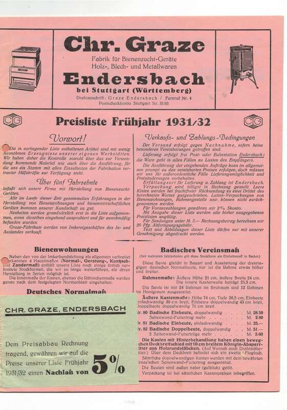 Preisliste Chr. Graze Endersbach 1931/32 Imkerei Imker Bienenzucht Artikel