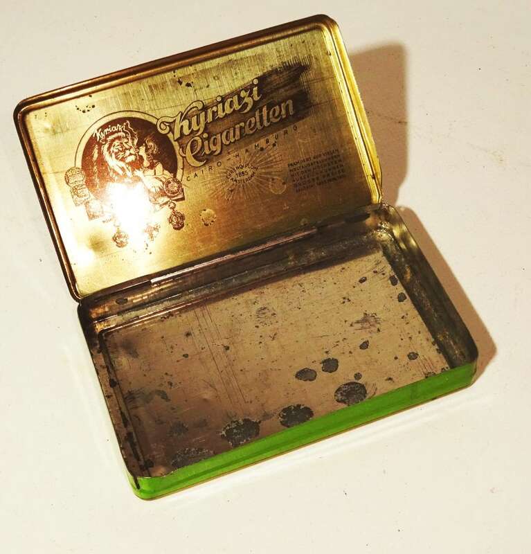 Kyriazi Neptun Grün Blechdose Zigarettendose um 1910 Reklame