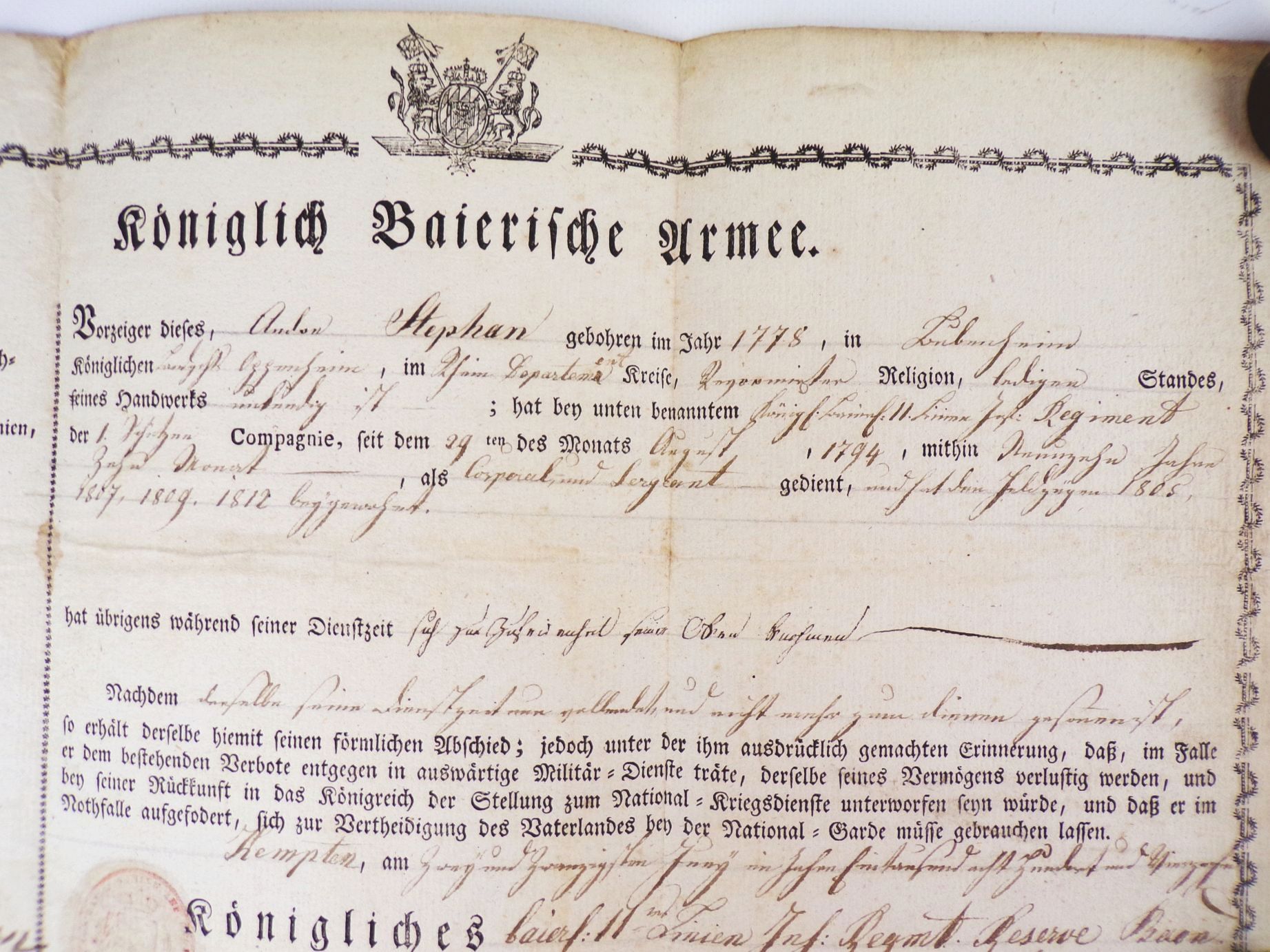 Abschied kgl Bayern Armee 11 Linien Infanterie Regiment Graf von Geldern 1814