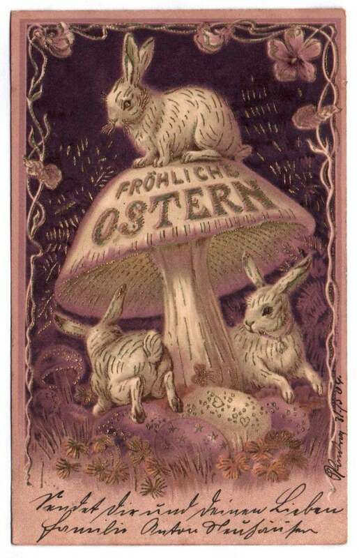 Litho Ak Hasen mit grossen Pilz Violett Fröhliche Ostern 1904