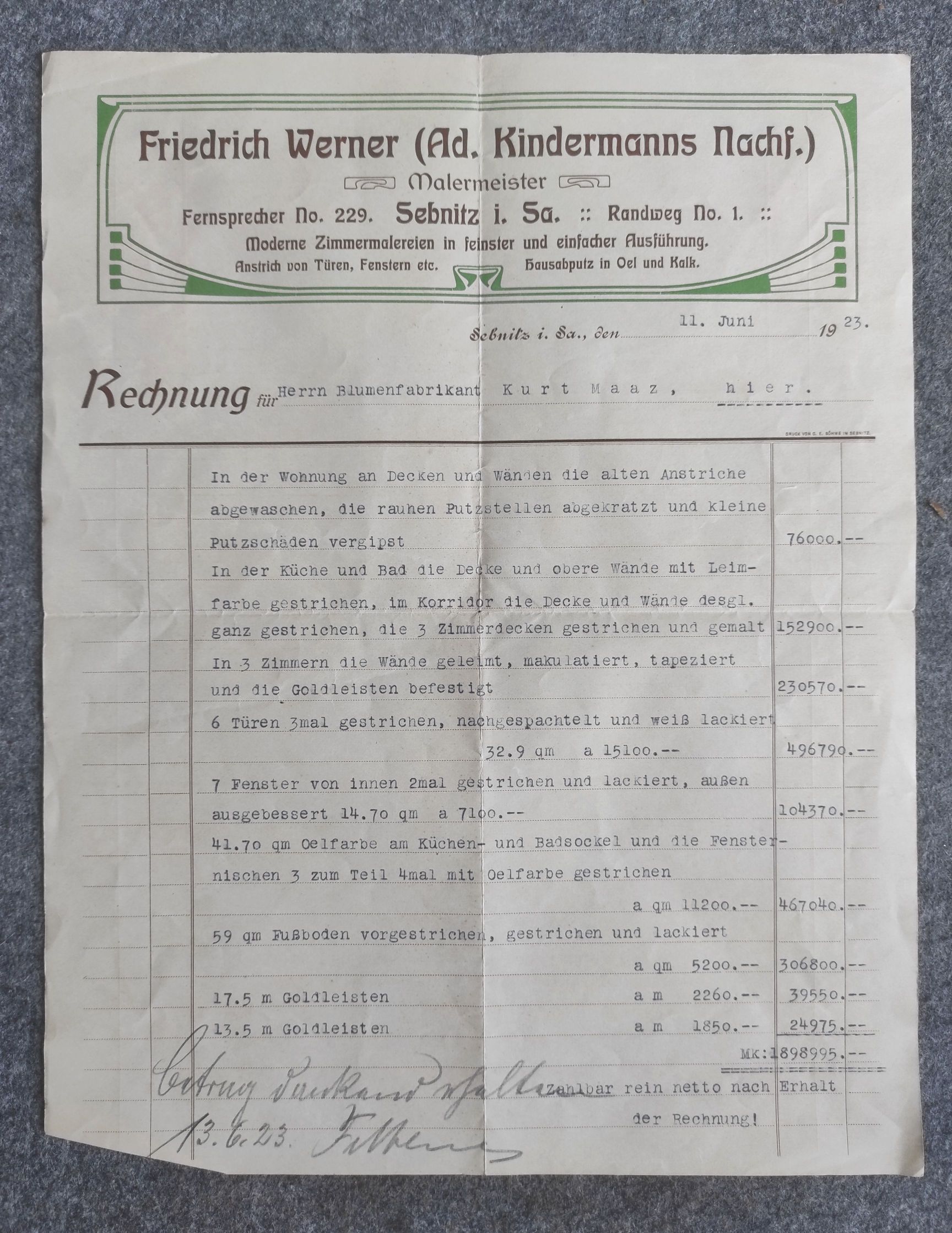 Malermeister Sebnitz Rechnung 1923 an Blumenfabrikant