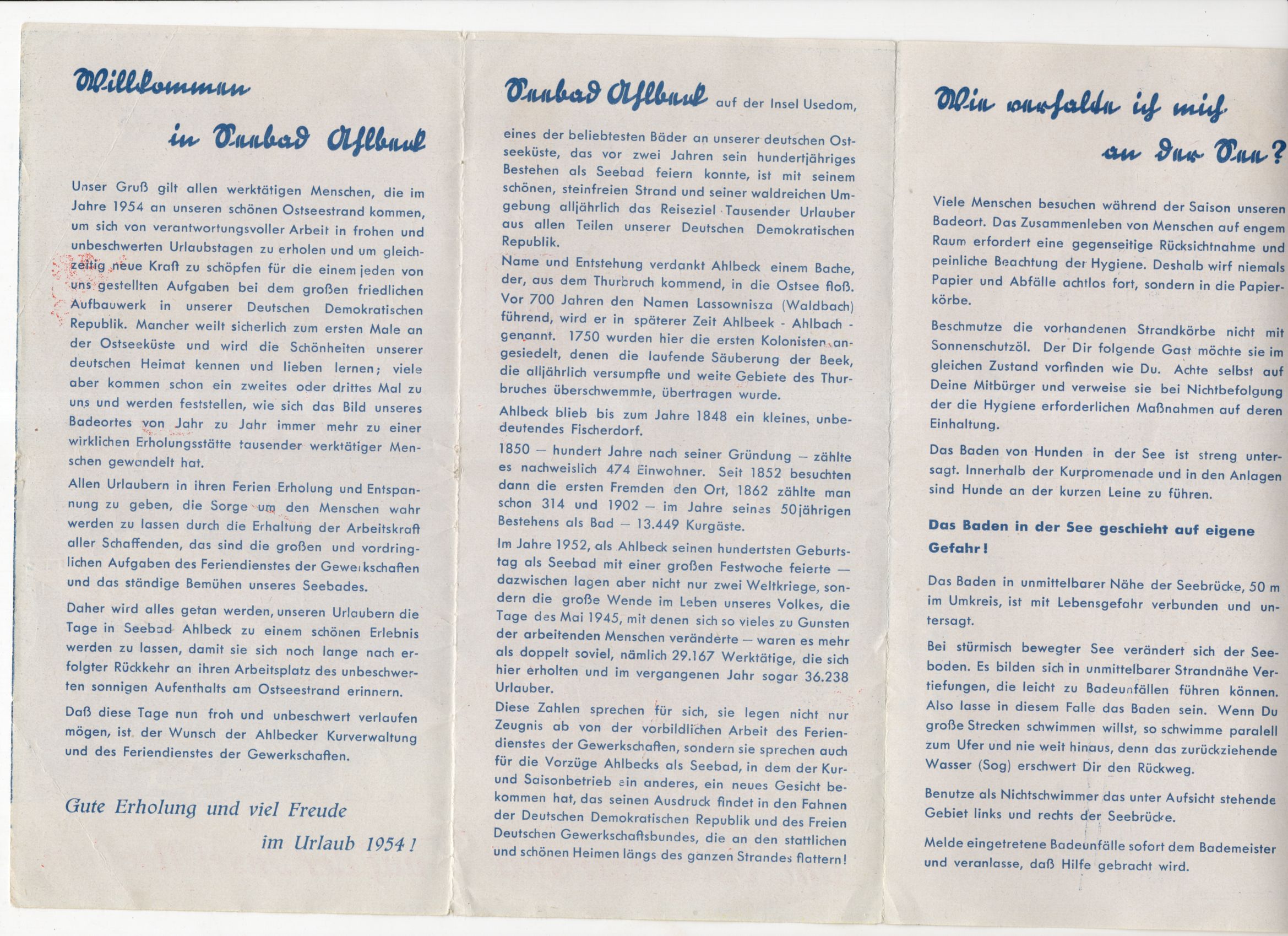 Altes Prospekt Ostseebad Ahlbeck auf der Insel Usedom 1954 Altes Prospekt Ostseebad Ahlbeck auf der Insel Usedom 1954